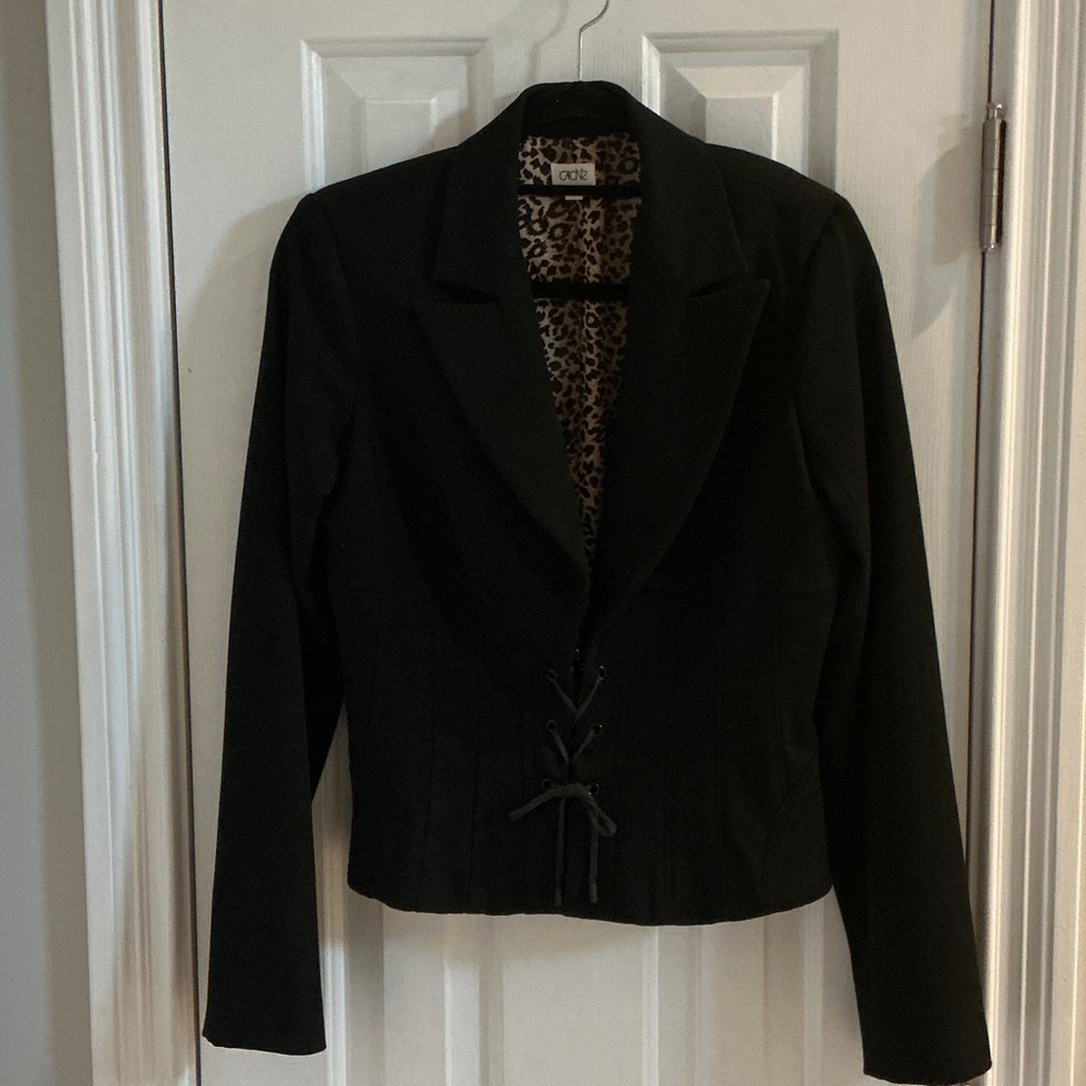 Cache Vintage Black Jacket w/ Front Laces & Leopard Satin Lining